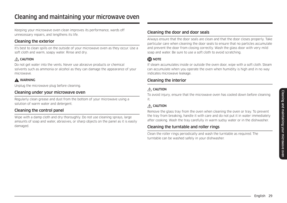 Cleaning and maintaining your microwave oven | Samsung 30 Inch Over-the-Range Microwave Installation Guide User Manual | Page 29 / 132