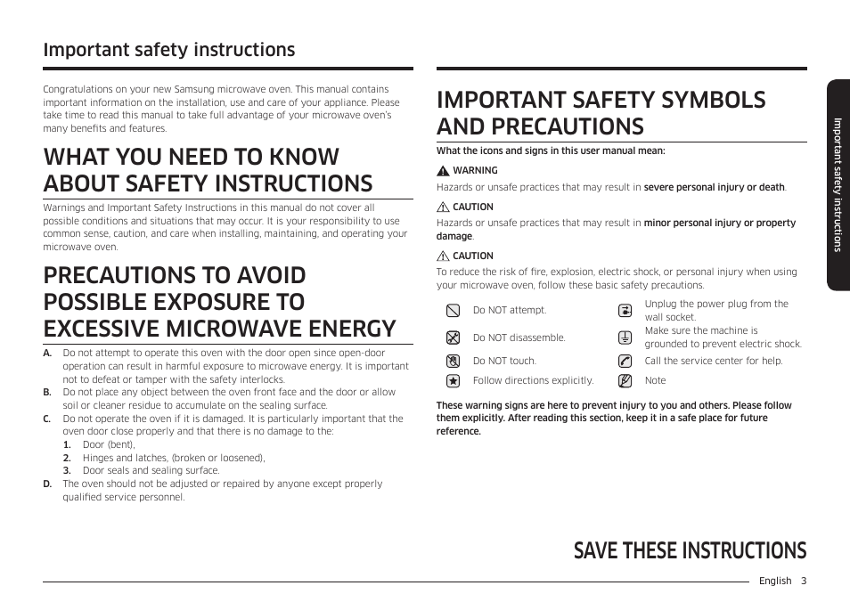 Save these instructions, What you need to know about safety instructions, Important safety symbols and precautions | Important safety instructions | Samsung 30 Inch Over-the-Range Microwave Installation Guide User Manual | Page 3 / 132