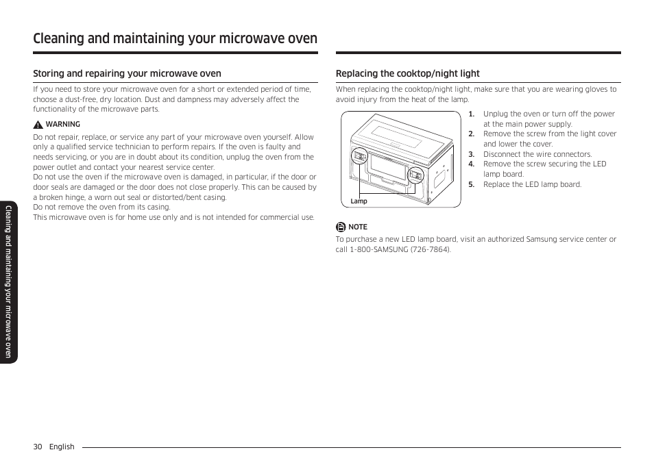Cleaning and maintaining your microwave oven | Samsung 30 Inch Over-the-Range Microwave Installation Guide User Manual | Page 30 / 132
