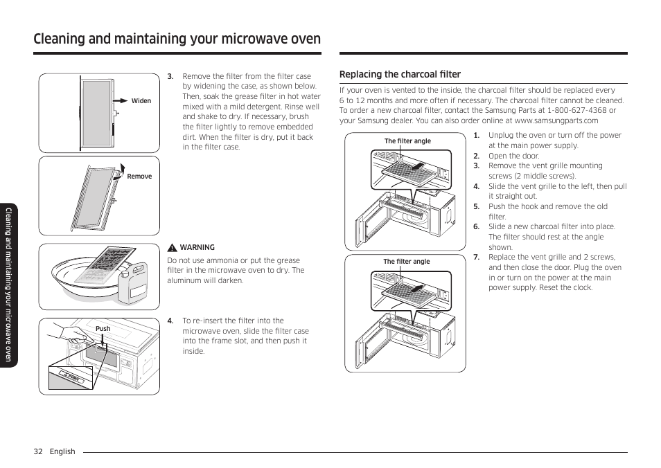 Cleaning and maintaining your microwave oven | Samsung 30 Inch Over-the-Range Microwave Installation Guide User Manual | Page 32 / 132