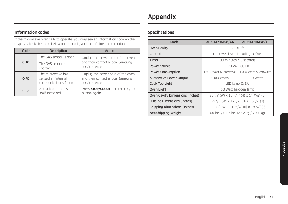 Appendix | Samsung 30 Inch Over-the-Range Microwave Installation Guide User Manual | Page 37 / 132