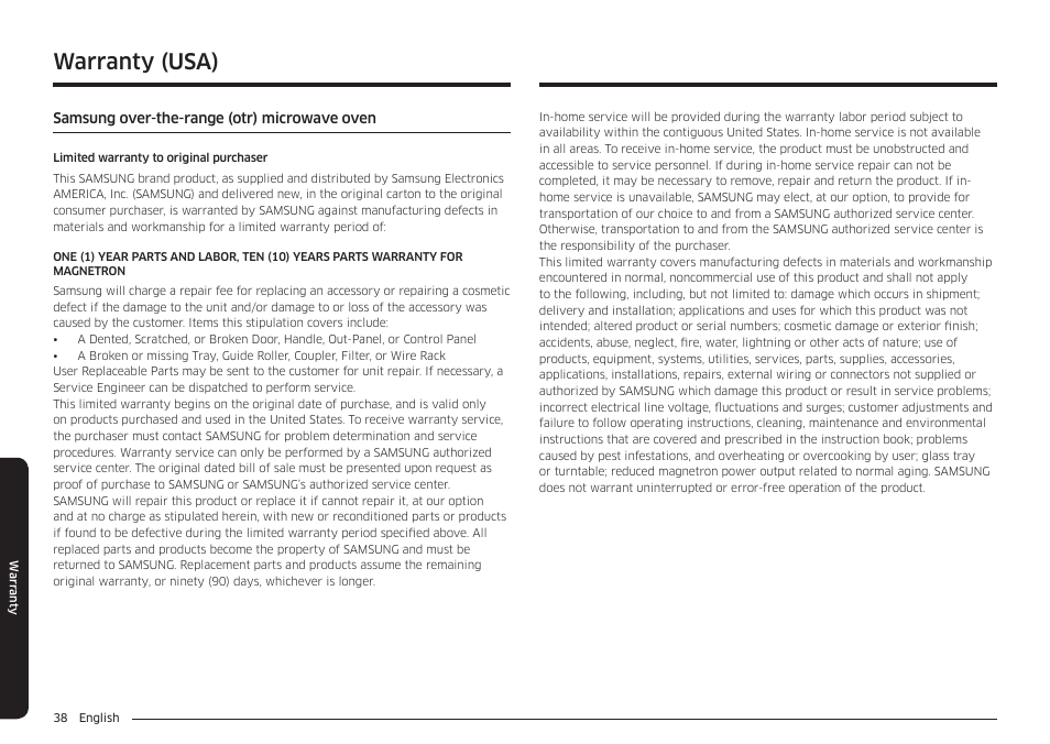 Warranty, Warranty (usa) | Samsung 30 Inch Over-the-Range Microwave Installation Guide User Manual | Page 38 / 132