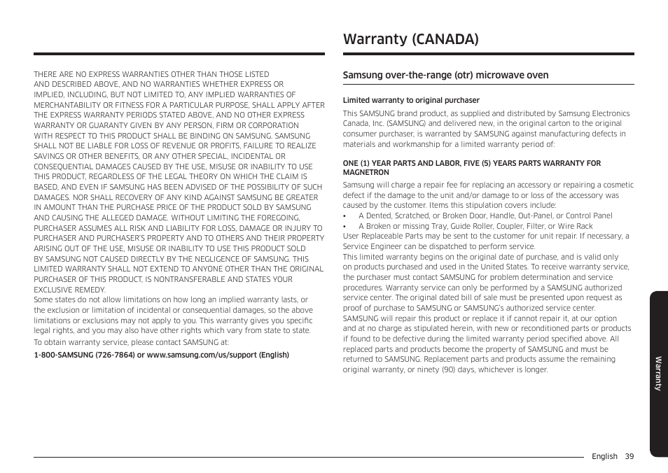 Warranty (canada) | Samsung 30 Inch Over-the-Range Microwave Installation Guide User Manual | Page 39 / 132