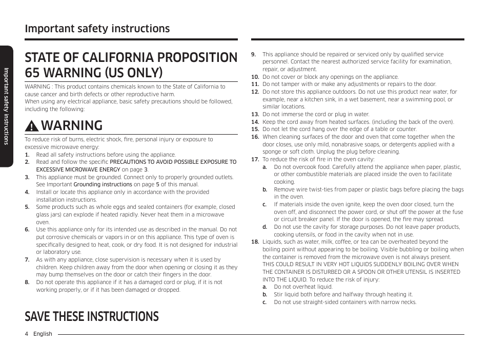 Save these instructions, Warning, Important safety instructions | Samsung 30 Inch Over-the-Range Microwave Installation Guide User Manual | Page 4 / 132