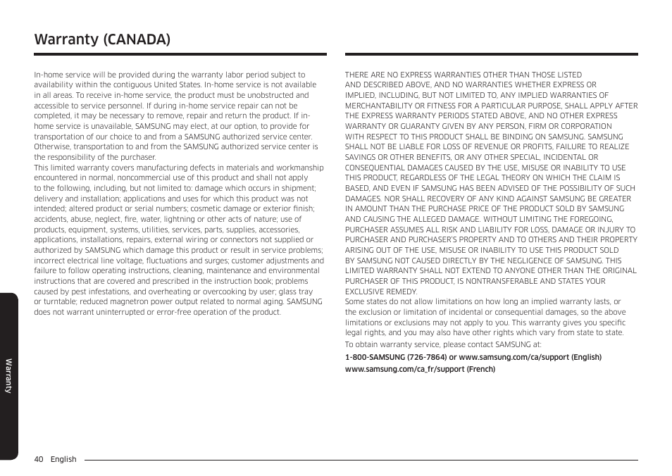 Warranty (canada) | Samsung 30 Inch Over-the-Range Microwave Installation Guide User Manual | Page 40 / 132