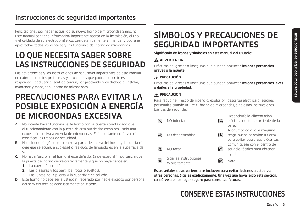 Conserve estas instrucciones, Símbolos y precauciones de seguridad importantes, Instrucciones de seguridad importantes | Samsung 30 Inch Over-the-Range Microwave Installation Guide User Manual | Page 47 / 132