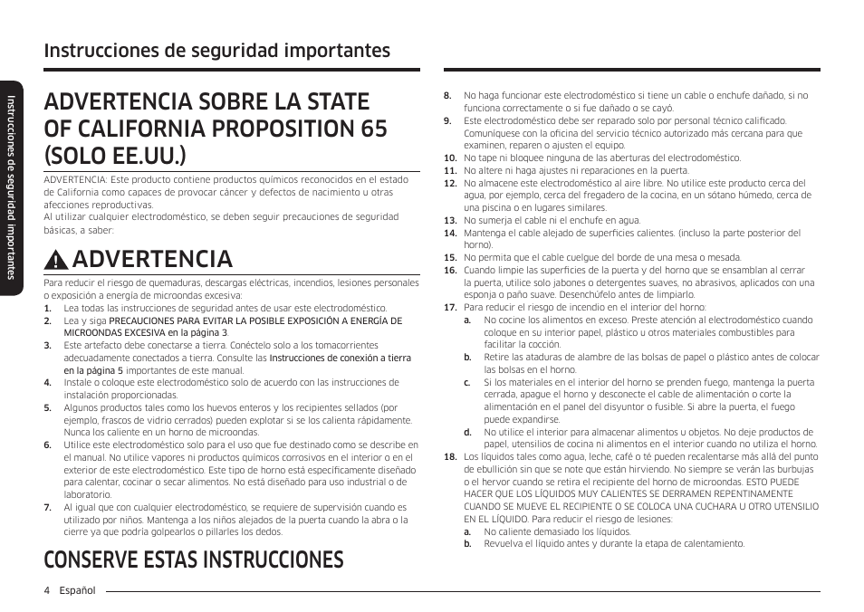 Conserve estas instrucciones, Advertencia, Instrucciones de seguridad importantes | Samsung 30 Inch Over-the-Range Microwave Installation Guide User Manual | Page 48 / 132