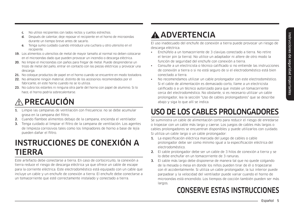 Conserve estas instrucciones advertencia, Uso de los cables prolongadores, Precaución | Instrucciones de conexión a tierra | Samsung 30 Inch Over-the-Range Microwave Installation Guide User Manual | Page 49 / 132