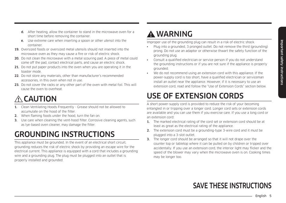 Save these instructions warning, Use of extension cords, Caution | Grounding instructions | Samsung 30 Inch Over-the-Range Microwave Installation Guide User Manual | Page 5 / 132