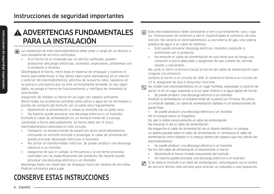 Conserve estas instrucciones, Advertencias fundamentales para la instalación, Instrucciones de seguridad importantes | Samsung 30 Inch Over-the-Range Microwave Installation Guide User Manual | Page 50 / 132