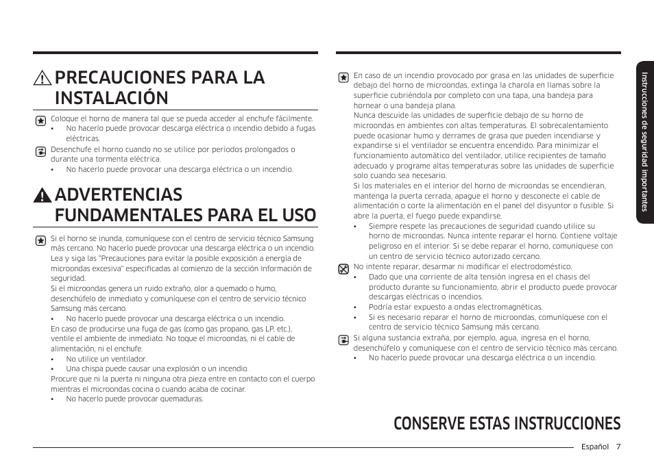 Conserve estas instrucciones, Precauciones para la instalación, Advertencias fundamentales para el uso | Samsung 30 Inch Over-the-Range Microwave Installation Guide User Manual | Page 51 / 132