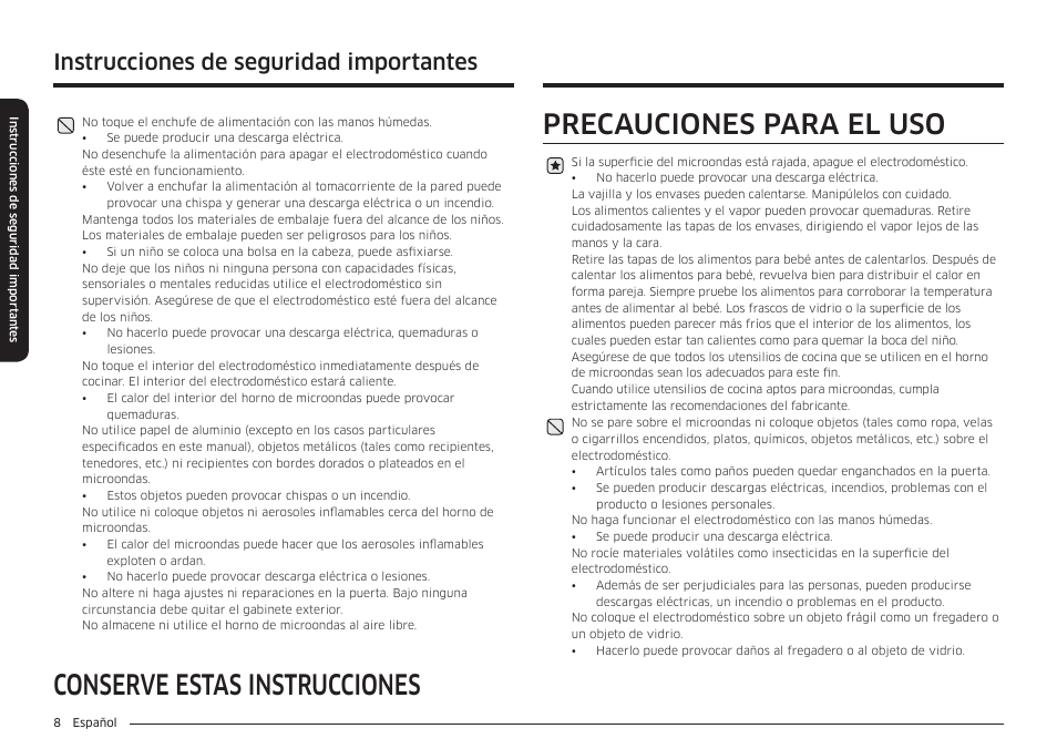 Instrucciones de seguridad importantes | Samsung 30 Inch Over-the-Range Microwave Installation Guide User Manual | Page 52 / 132