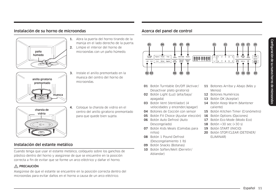 Acerca del panel de control, Instalación de su horno de microondas, Instalación del estante metálico | Samsung 30 Inch Over-the-Range Microwave Installation Guide User Manual | Page 55 / 132
