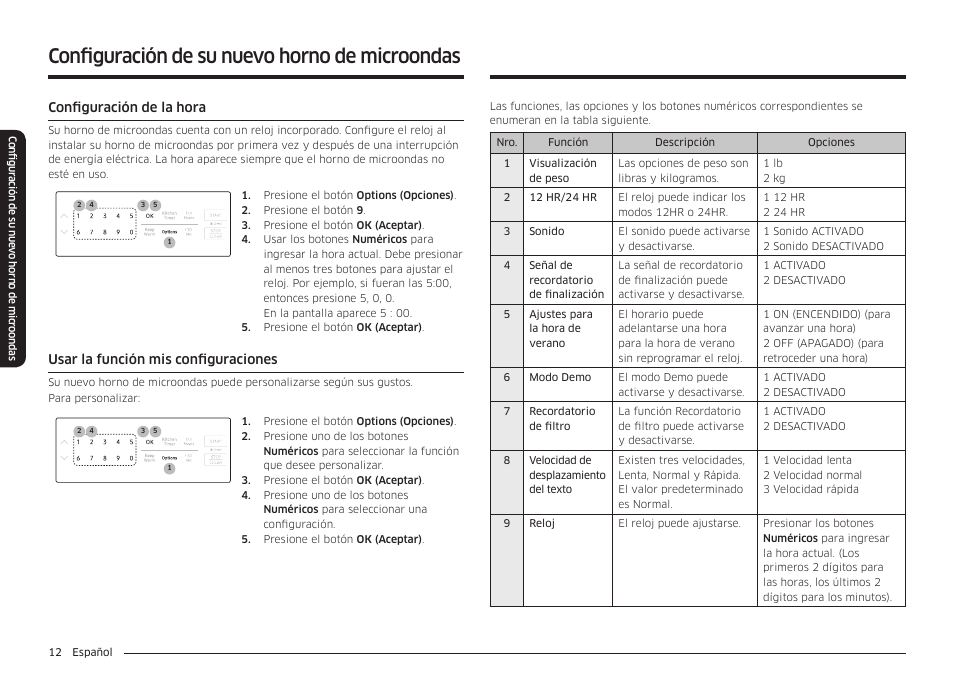 Configuración de su nuevo horno de microondas | Samsung 30 Inch Over-the-Range Microwave Installation Guide User Manual | Page 56 / 132