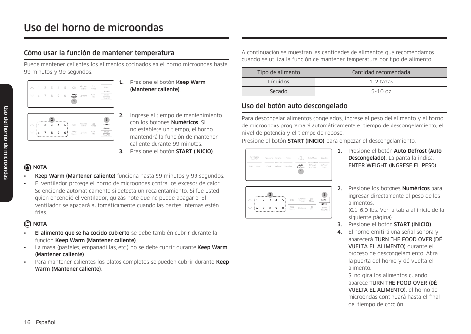Uso del horno de microondas | Samsung 30 Inch Over-the-Range Microwave Installation Guide User Manual | Page 60 / 132