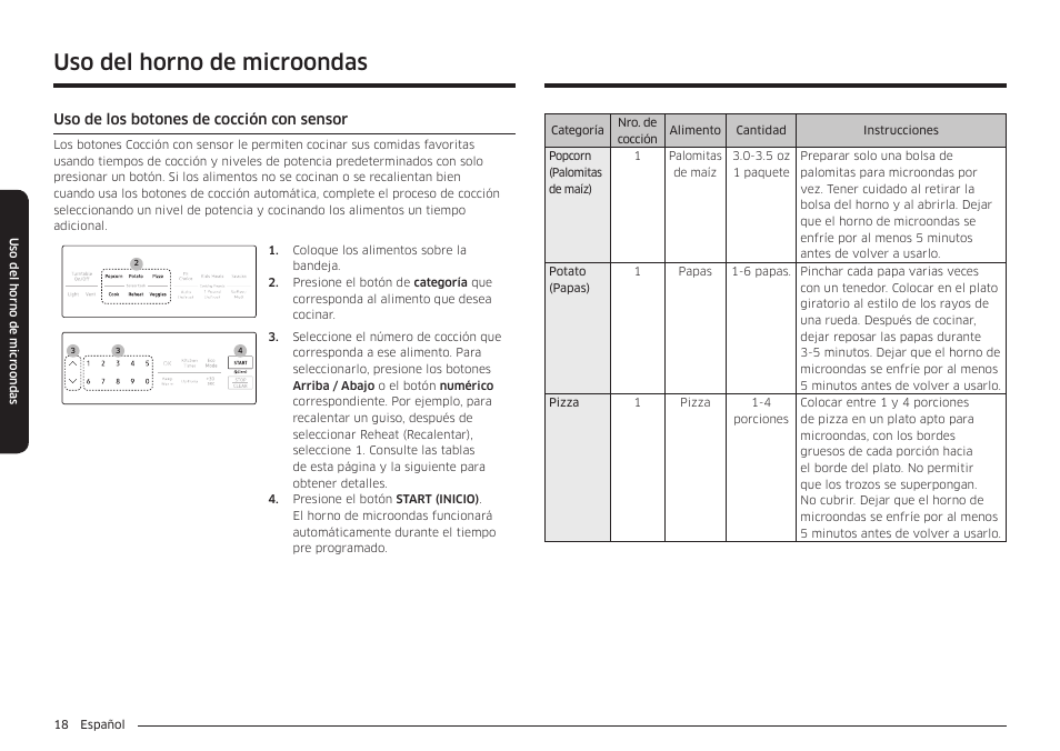 Uso del horno de microondas | Samsung 30 Inch Over-the-Range Microwave Installation Guide User Manual | Page 62 / 132