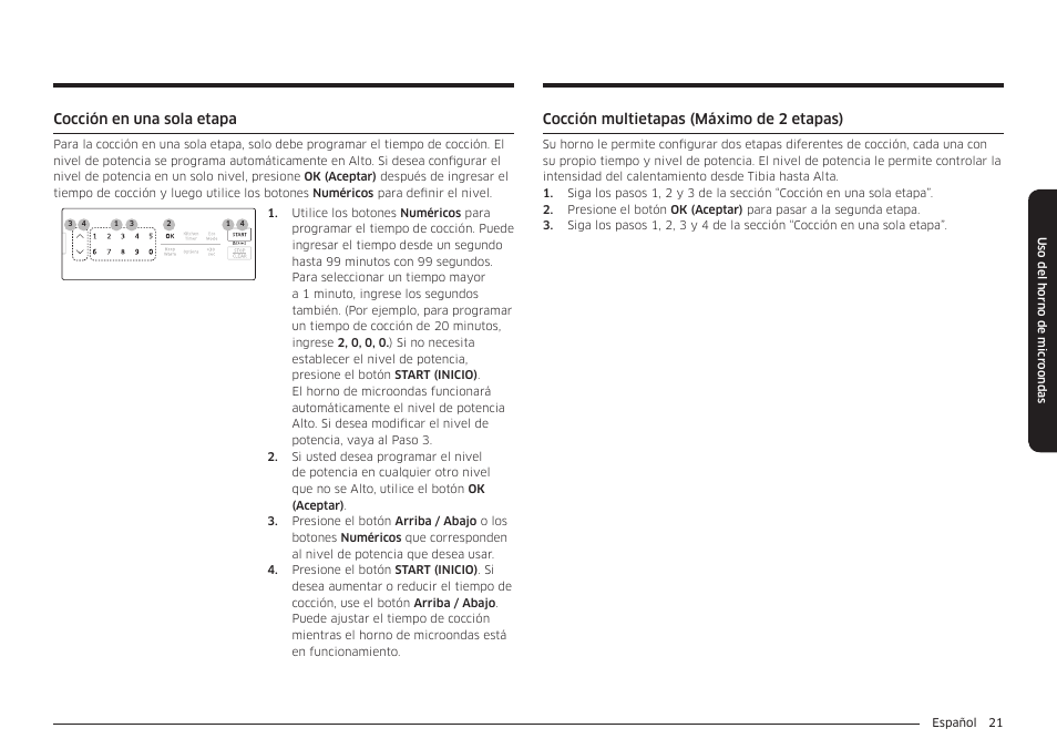 Cocción multietapas (máximo de 2 etapas), Cocción en una sola etapa | Samsung 30 Inch Over-the-Range Microwave Installation Guide User Manual | Page 65 / 132