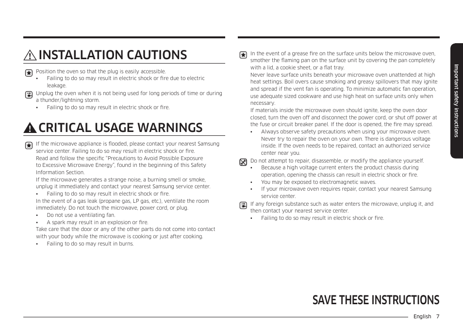Save these instructions, Installation cautions, Critical usage warnings | Samsung 30 Inch Over-the-Range Microwave Installation Guide User Manual | Page 7 / 132