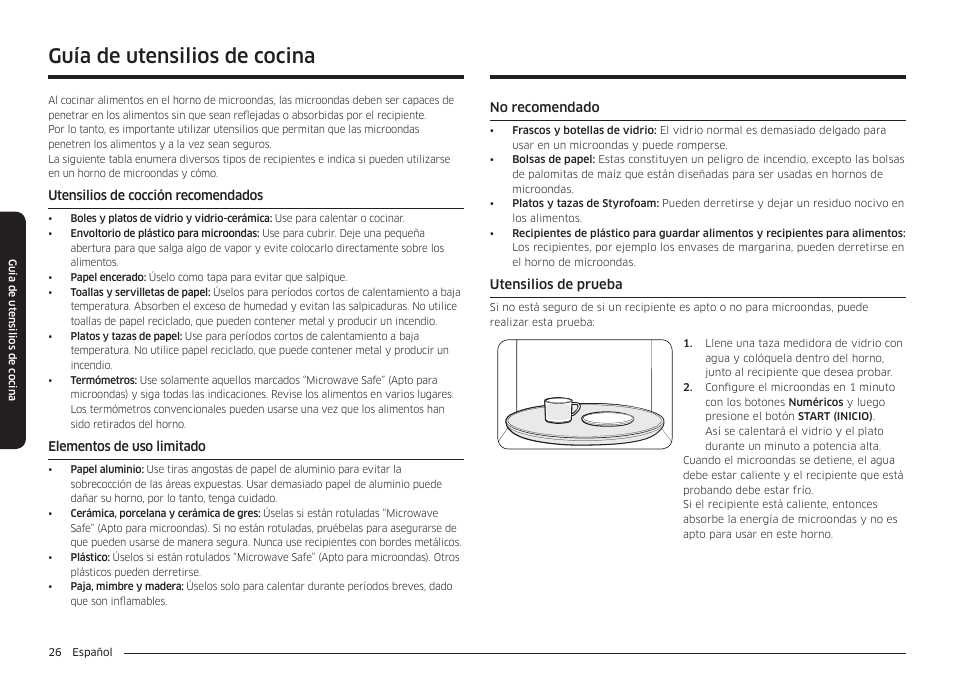 Guía de utensilios de cocina | Samsung 30 Inch Over-the-Range Microwave Installation Guide User Manual | Page 70 / 132