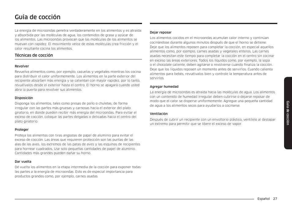 Guía de cocción | Samsung 30 Inch Over-the-Range Microwave Installation Guide User Manual | Page 71 / 132