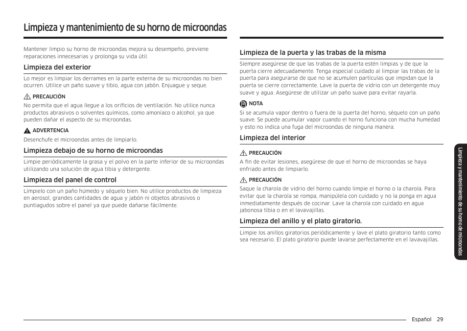 Limpieza y mantenimiento de su horno de microondas | Samsung 30 Inch Over-the-Range Microwave Installation Guide User Manual | Page 73 / 132