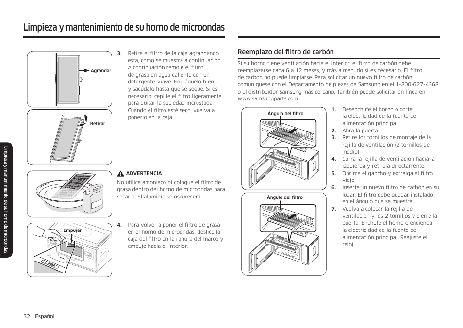 Limpieza y mantenimiento de su horno de microondas | Samsung 30 Inch Over-the-Range Microwave Installation Guide User Manual | Page 76 / 132