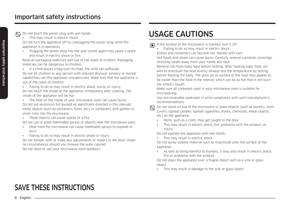 Save these instructions usage cautions, Important safety instructions | Samsung 30 Inch Over-the-Range Microwave Installation Guide User Manual | Page 8 / 132