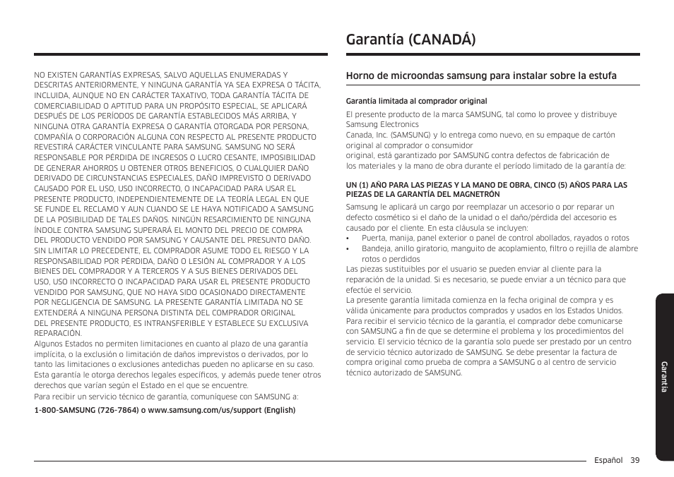 Garantía (canadá) | Samsung 30 Inch Over-the-Range Microwave Installation Guide User Manual | Page 83 / 132