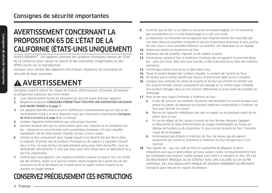 Conservez précieusement ces instructions, Avertissement, Consignes de sécurité importantes | Samsung 30 Inch Over-the-Range Microwave Installation Guide User Manual | Page 92 / 132