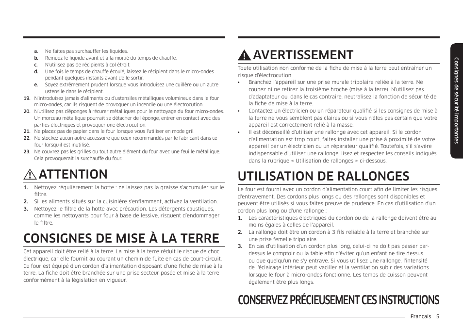 Utilisation de rallonges, Attention, Consignes de mise à la terre | Samsung 30 Inch Over-the-Range Microwave Installation Guide User Manual | Page 93 / 132