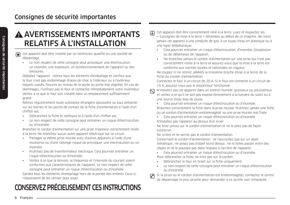Conservez précieusement ces instructions, Consignes de sécurité importantes | Samsung 30 Inch Over-the-Range Microwave Installation Guide User Manual | Page 94 / 132