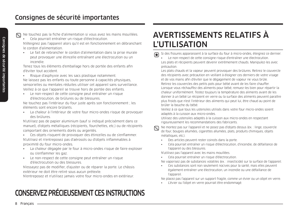 Consignes de sécurité importantes | Samsung 30 Inch Over-the-Range Microwave Installation Guide User Manual | Page 96 / 132