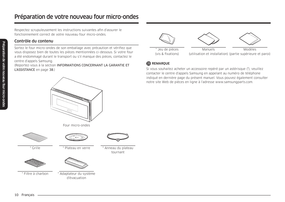 Préparation de votre nouveau four micro-ondes | Samsung 30 Inch Over-the-Range Microwave Installation Guide User Manual | Page 98 / 132