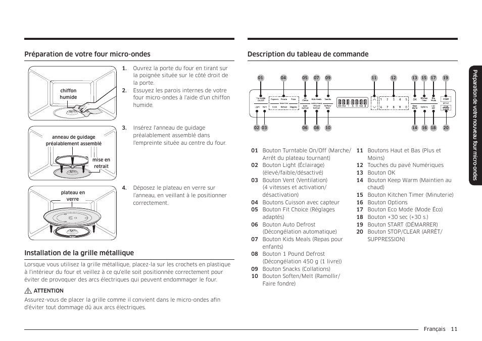 Description du tableau de commande, Préparation de votre four micro-ondes, Installation de la grille métallique | Samsung 30 Inch Over-the-Range Microwave Installation Guide User Manual | Page 99 / 132