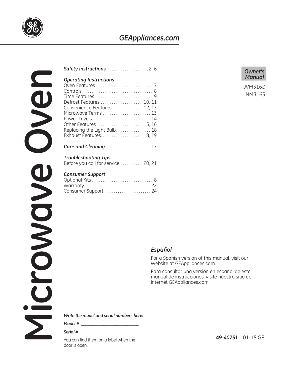 GE 1.6 cu. ft. Over-the-Range Microwave Oven Use and Care Guide User Manual | 48 pages