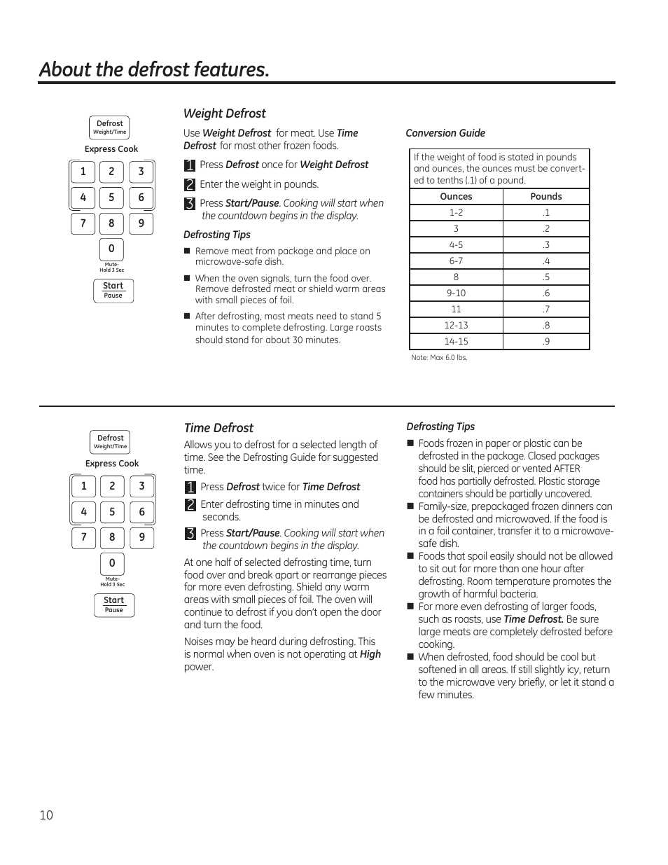 About the defrost features | GE 1.6 cu. ft. Over-the-Range Microwave Oven Use and Care Guide User Manual | Page 10 / 48