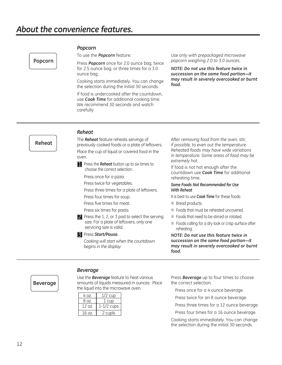 About the convenience features | GE 1.6 cu. ft. Over-the-Range Microwave Oven Use and Care Guide User Manual | Page 12 / 48