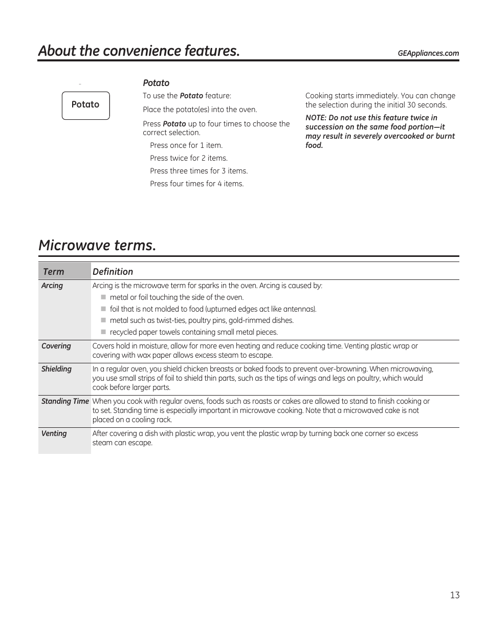 About the convenience features, Microwave terms, Convenience cooking express cook | Start, Cancel | GE 1.6 cu. ft. Over-the-Range Microwave Oven Use and Care Guide User Manual | Page 13 / 48