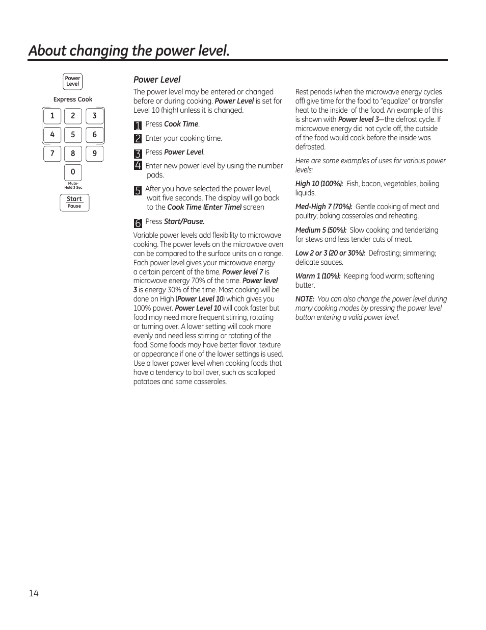 About changing the power level | GE 1.6 cu. ft. Over-the-Range Microwave Oven Use and Care Guide User Manual | Page 14 / 48