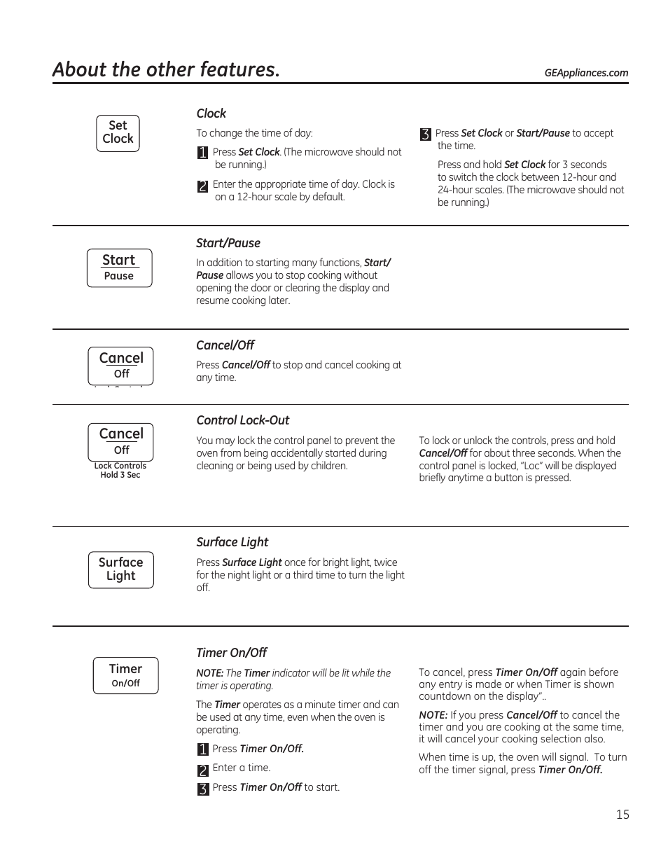 About the other features | GE 1.6 cu. ft. Over-the-Range Microwave Oven Use and Care Guide User Manual | Page 15 / 48