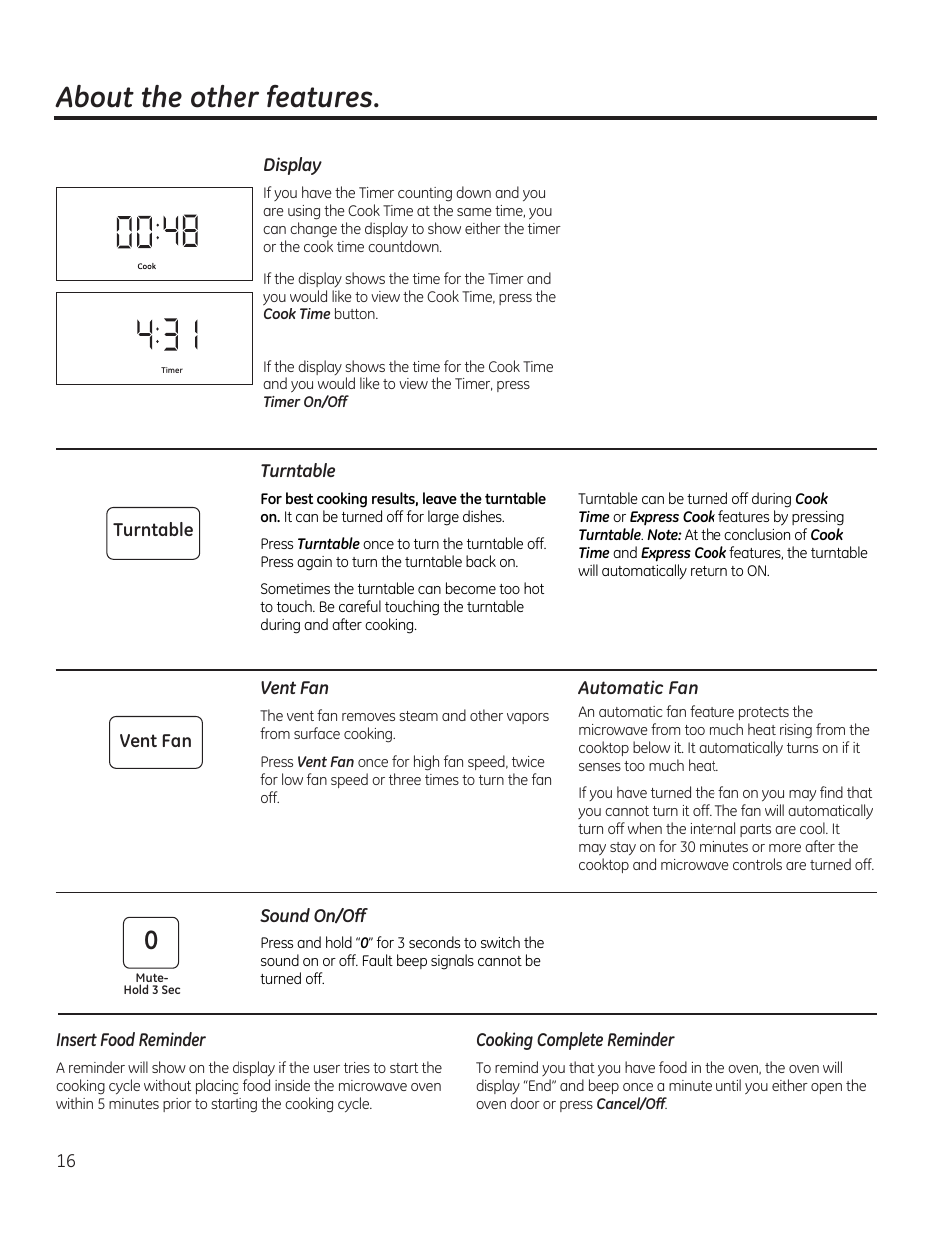 About the other features | GE 1.6 cu. ft. Over-the-Range Microwave Oven Use and Care Guide User Manual | Page 16 / 48