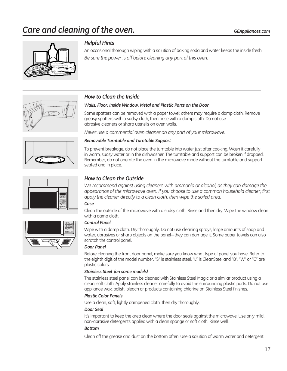 Care and cleaning of the oven | GE 1.6 cu. ft. Over-the-Range Microwave Oven Use and Care Guide User Manual | Page 17 / 48