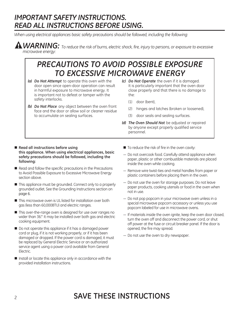 Warning, Save these instructions | GE 1.6 cu. ft. Over-the-Range Microwave Oven Use and Care Guide User Manual | Page 2 / 48