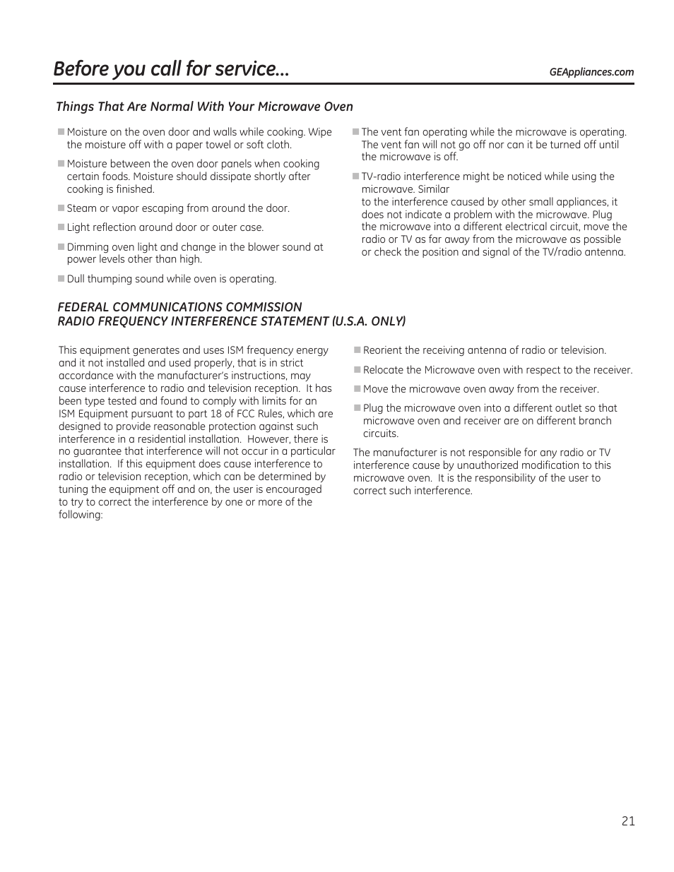 Before you call for service | GE 1.6 cu. ft. Over-the-Range Microwave Oven Use and Care Guide User Manual | Page 21 / 48