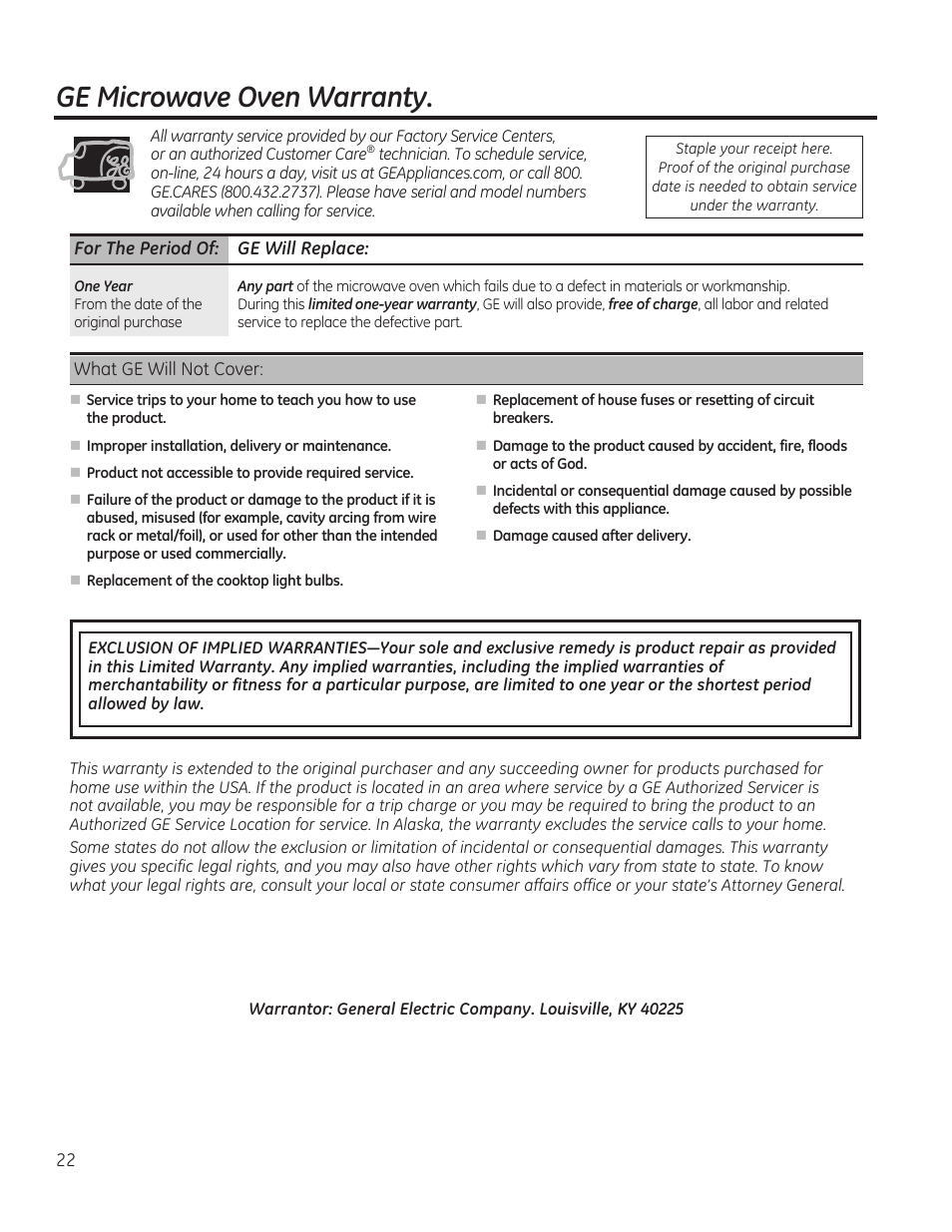 Ge microwave oven warranty | GE 1.6 cu. ft. Over-the-Range Microwave Oven Use and Care Guide User Manual | Page 22 / 48