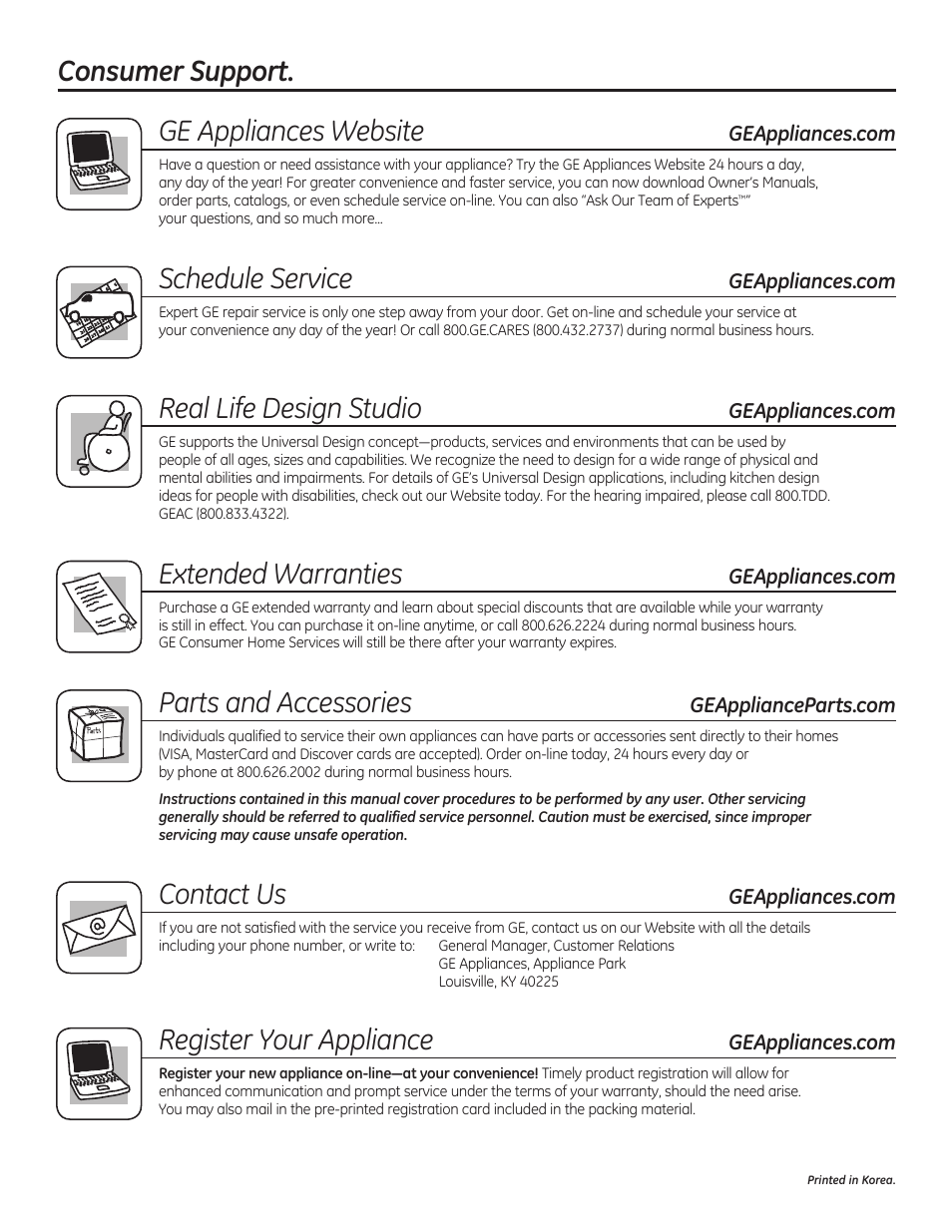 Consumer support. ge appliances website, Schedule service, Real life design studio | Extended warranties, Parts and accessories, Contact us, Register your appliance | GE 1.6 cu. ft. Over-the-Range Microwave Oven Use and Care Guide User Manual | Page 24 / 48