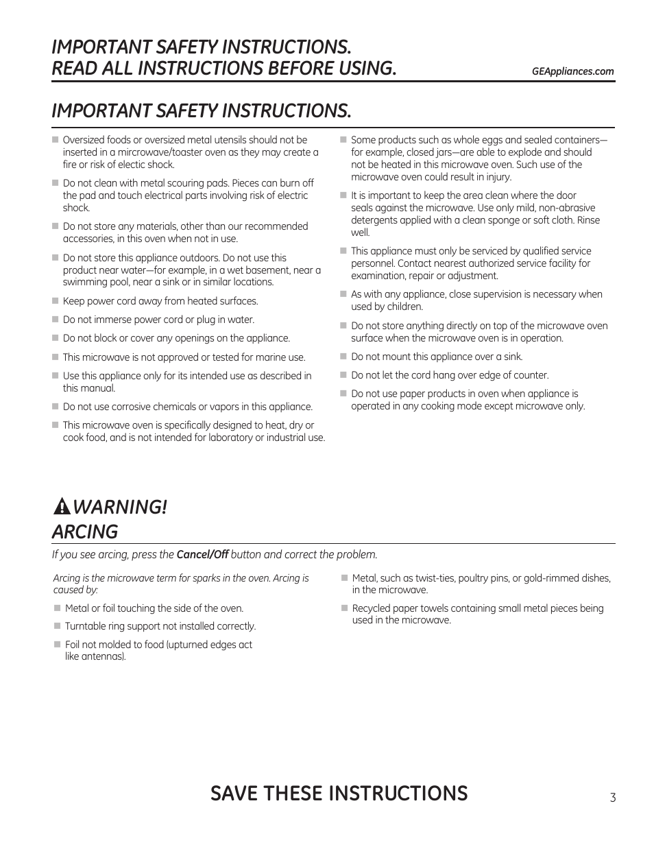 Save these instructions, Important safety instructions, Arcing | GE 1.6 cu. ft. Over-the-Range Microwave Oven Use and Care Guide User Manual | Page 3 / 48