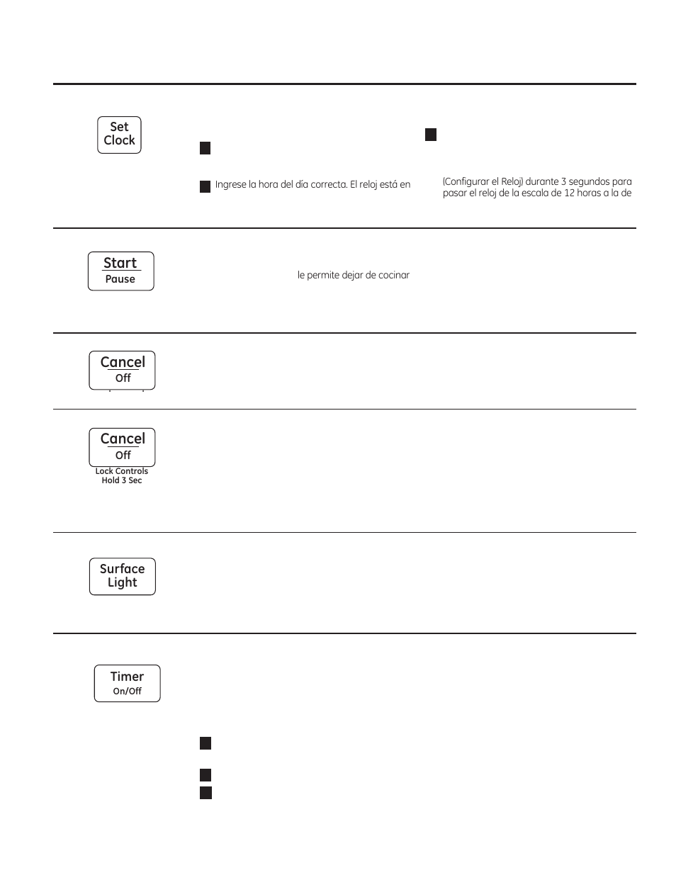 Acerca del resto de las funciones, Start, Cancel | GE 1.6 cu. ft. Over-the-Range Microwave Oven Use and Care Guide User Manual | Page 39 / 48