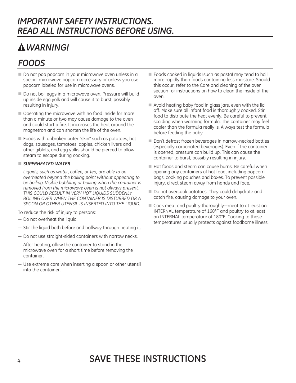 Save these instructions, Warning | GE 1.6 cu. ft. Over-the-Range Microwave Oven Use and Care Guide User Manual | Page 4 / 48