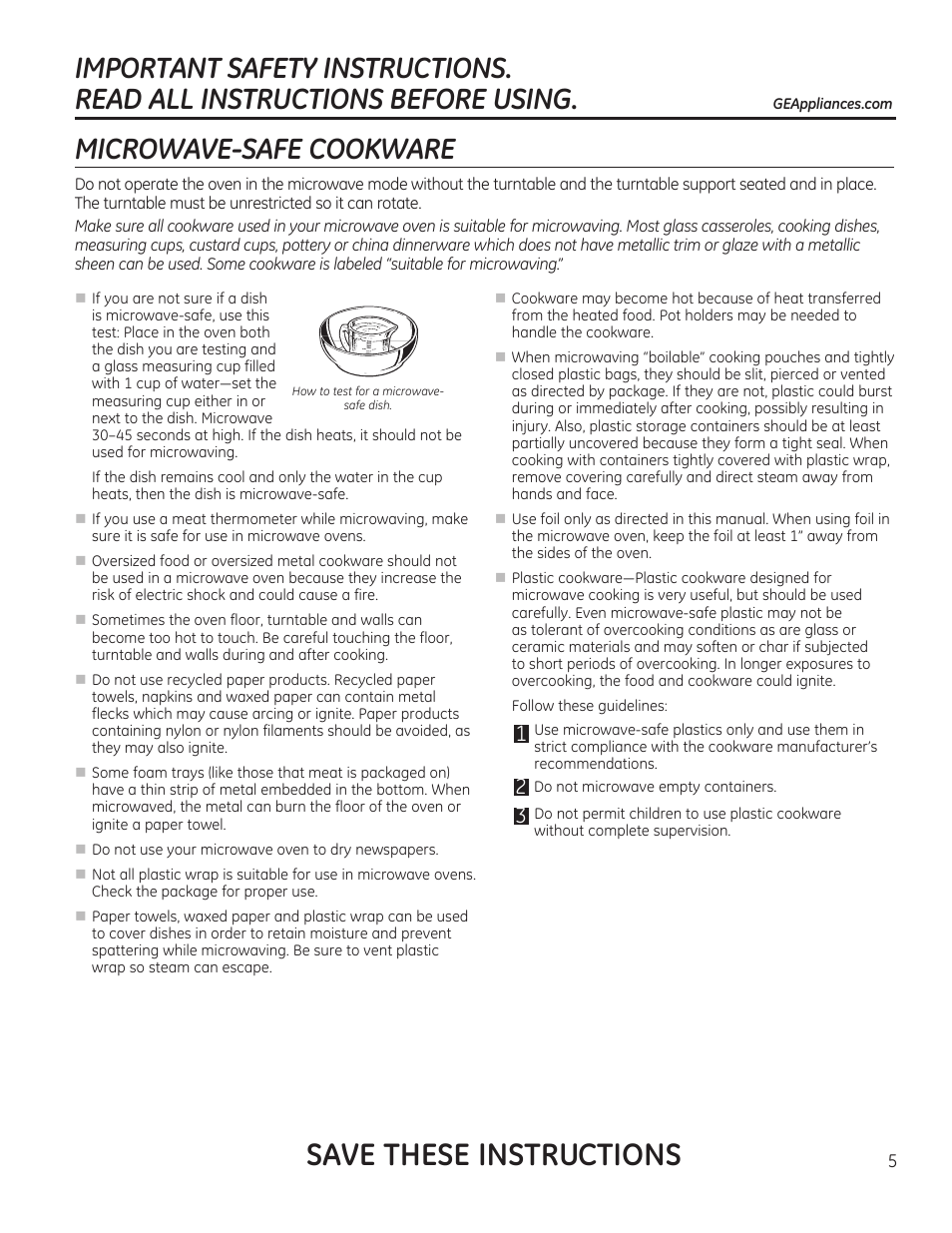 Save these instructions, Microwave-safe cookware | GE 1.6 cu. ft. Over-the-Range Microwave Oven Use and Care Guide User Manual | Page 5 / 48